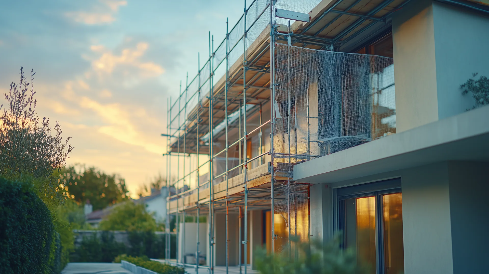 Modernes Einfamilienhaus mit Fassadengerüst im Abendlicht
