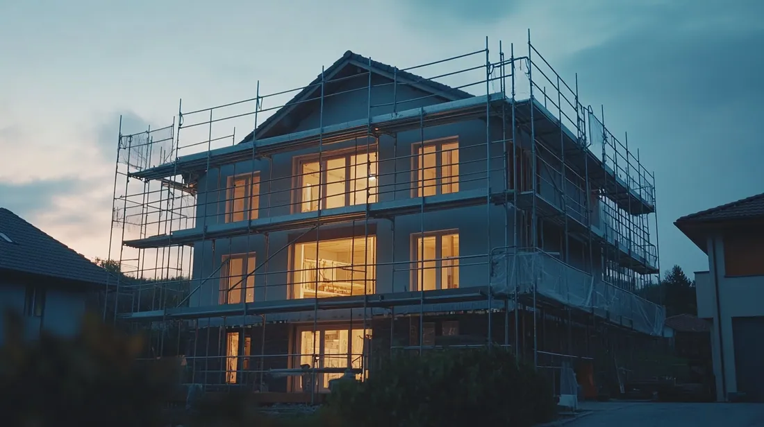 Traditionelles Einfamilienhaus mit Fassadengerüst
